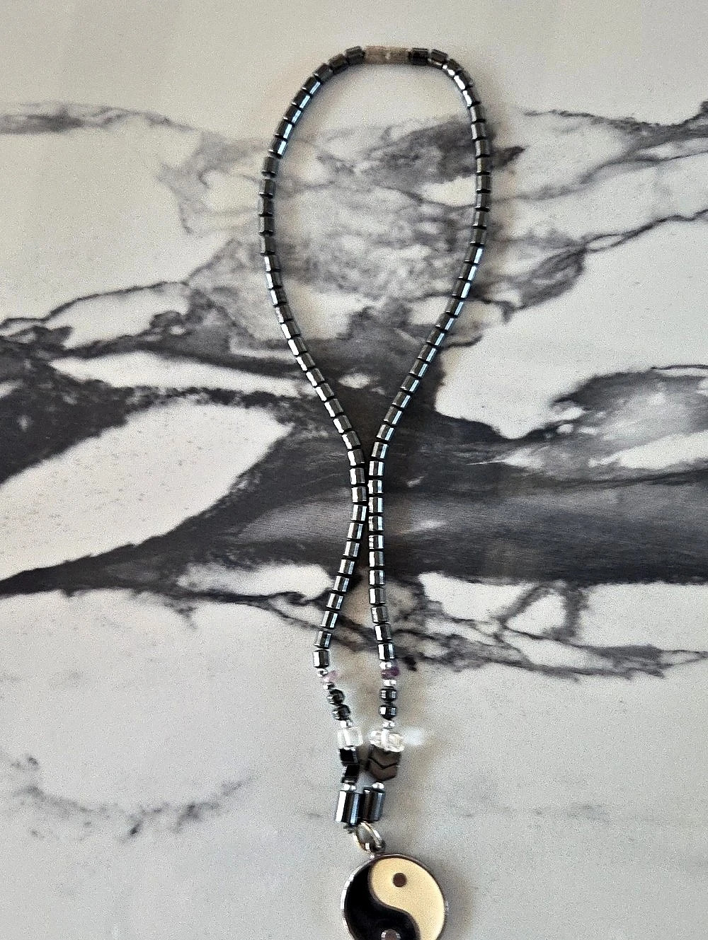 Yin Yang Pendant Beaded Necklace Black & White